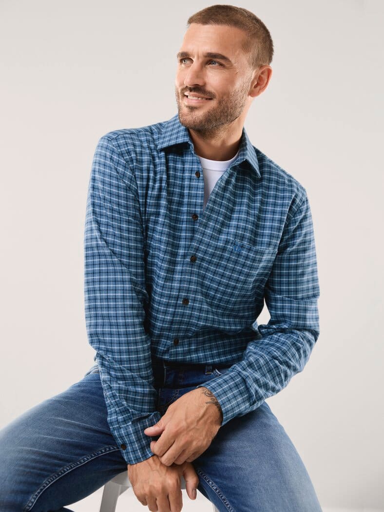 Flanell-Hemd mit Relax-Kragen Minikaro Blau