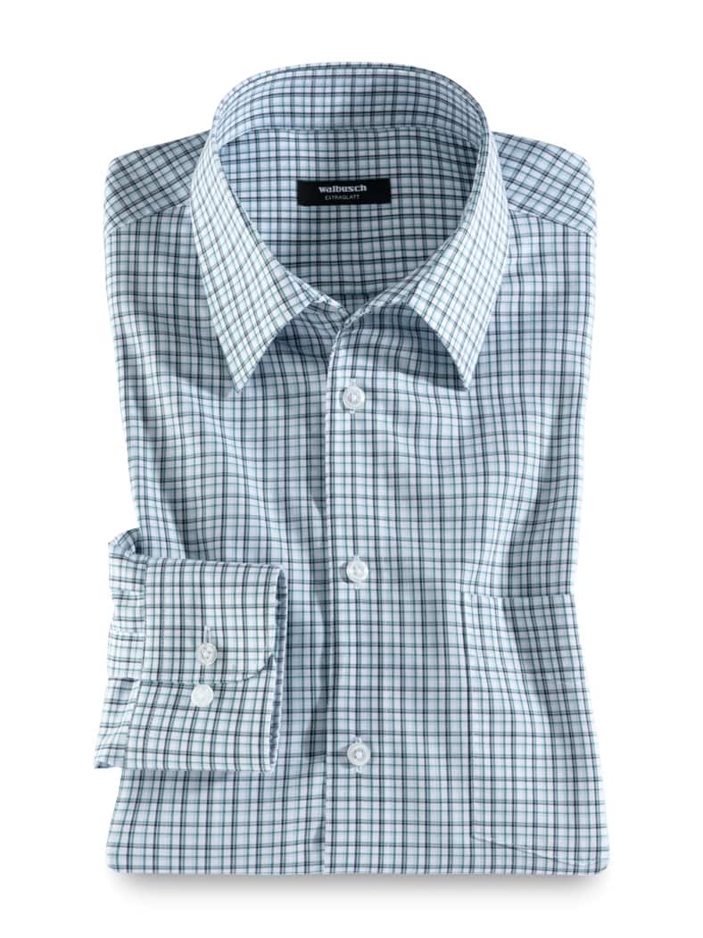 Extraglatt-Hemd Walbusch-Kragen Karo Weiß/Lagune