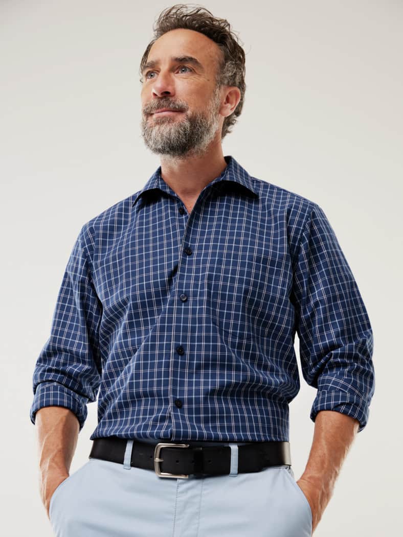 Extraglatt-Hemd Walbusch-Kragen Karo Marine