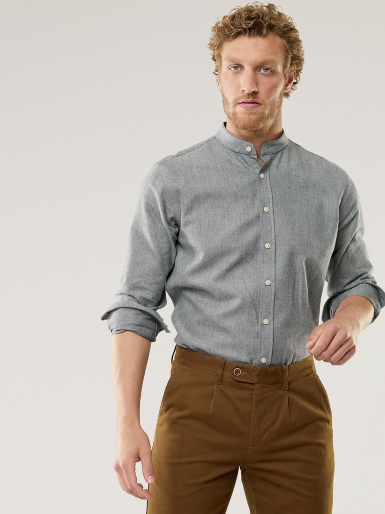 Flanell Stehkragen-Hemd Grau Melange