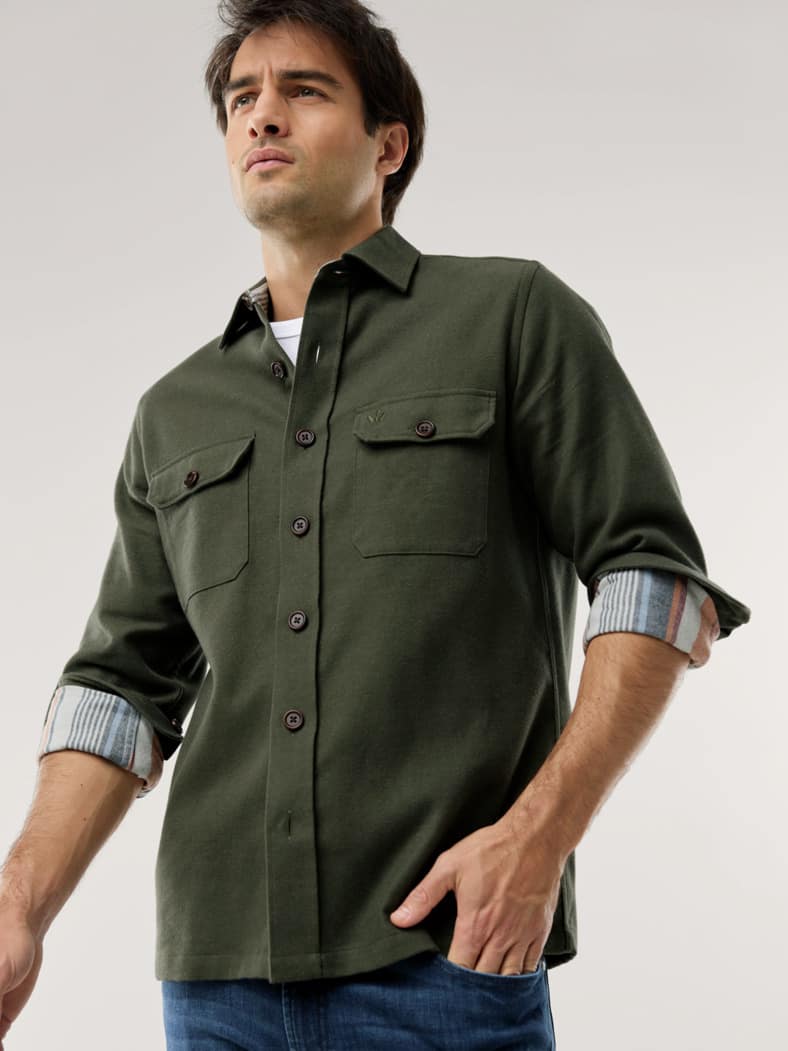 Doppelflanell Hemd-Jacke Uni Oliv
