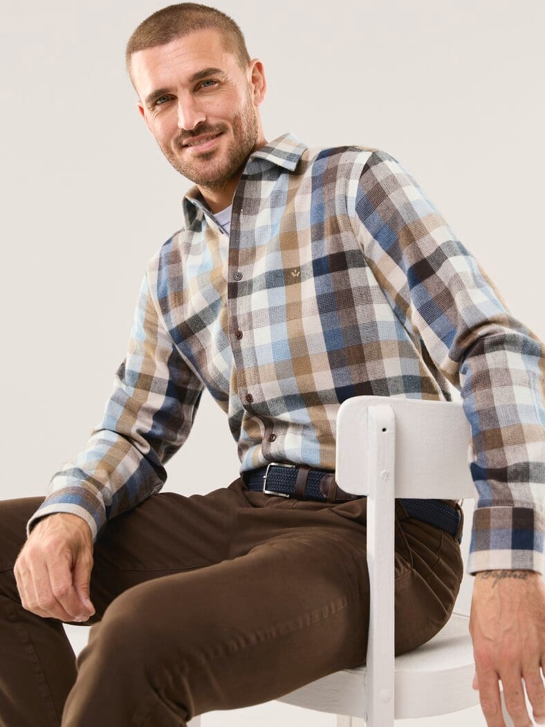 Hemd aus portugiesischem Flanell Blockkaro Camel