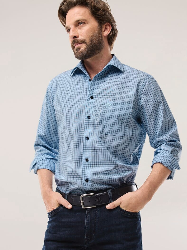 Extraglatt-Hemd Fensterkaro Blau