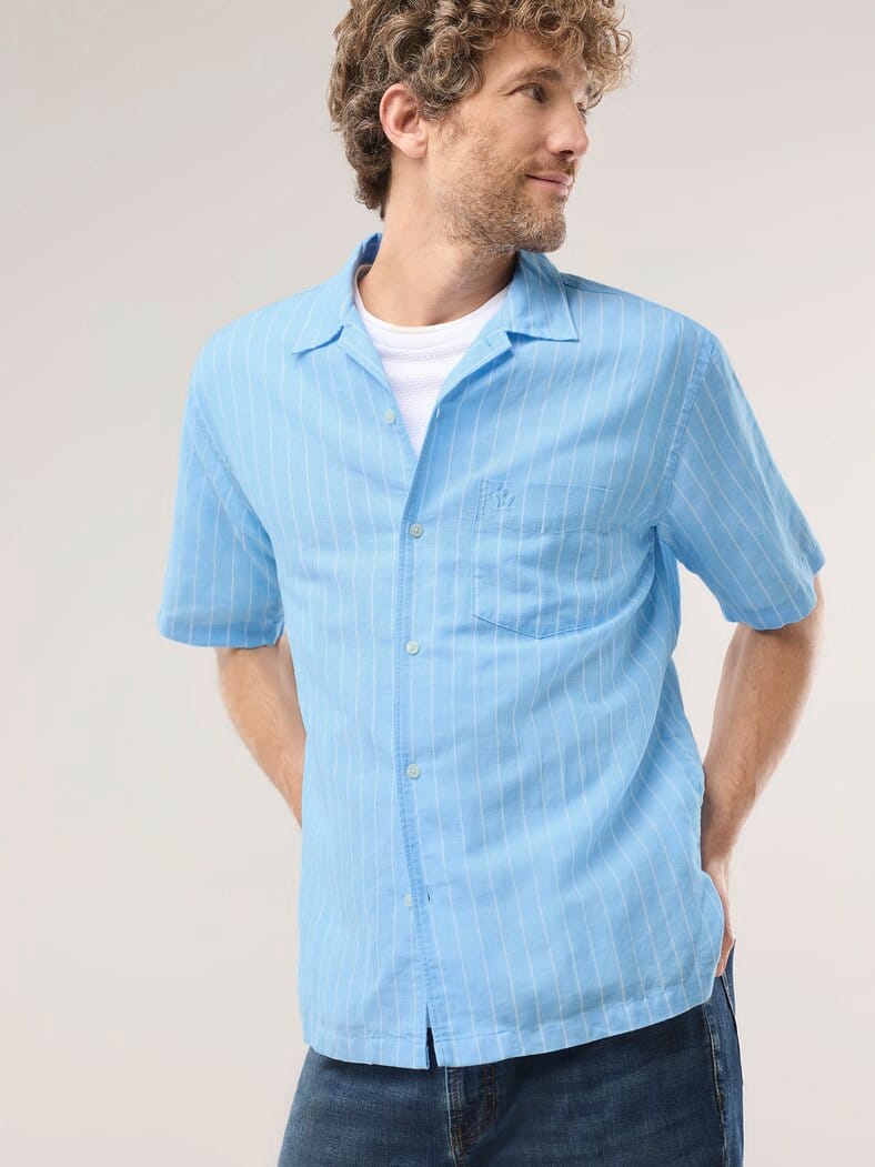 Leinen-Mix Revers-Kragen-Hemd Streifen Bleu