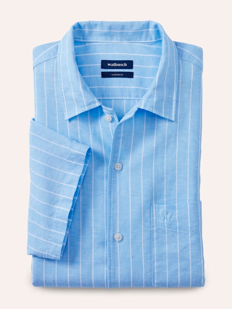 Leinen-Mix Revers-Kragen-Hemd Streifen Bleu