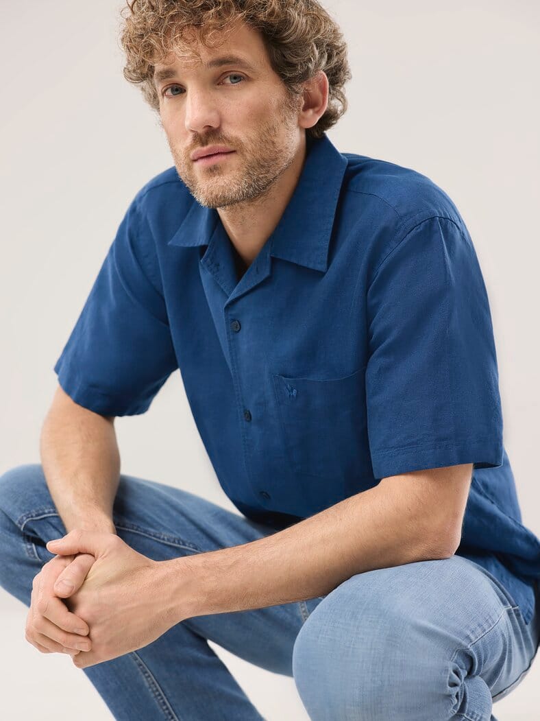 Leinen-Mix Revers-Kragen-Hemd Marine