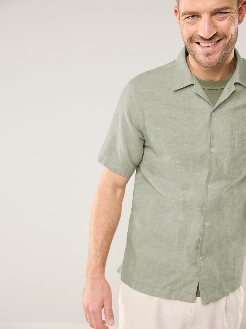 Leinen-Mix Revers-Kragen-Hemd Oliv