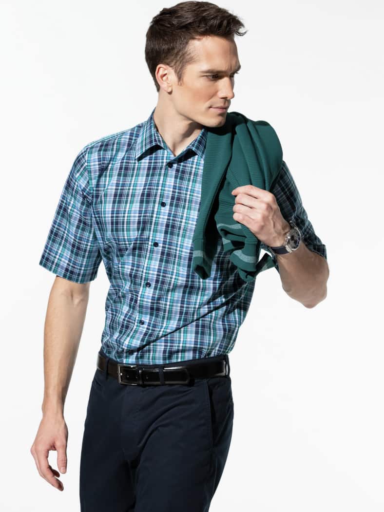 Extraglatt-Hemd Walbusch-Kragen Karo Lagune/Blau