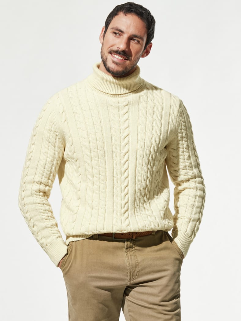 Aran-Zopfpullover Wollweiß
