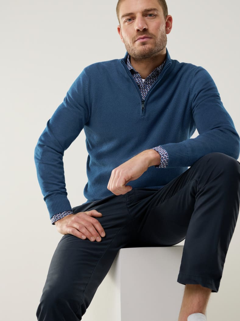 Struktur-Troyer Herbstlaub Jeansblau