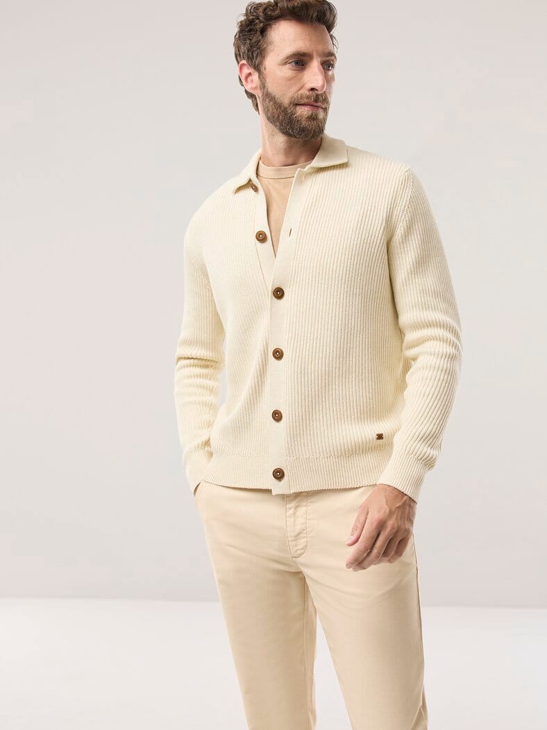 Gerippter Polo-Cardigan Wollweiß