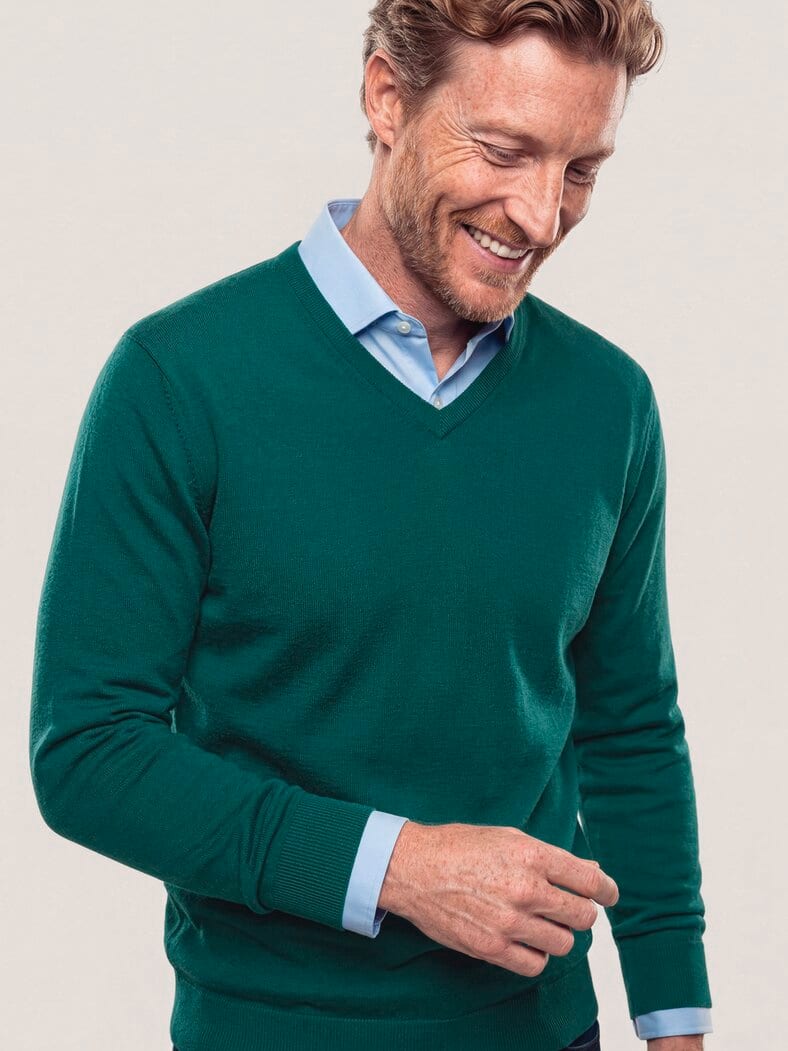 V-Pullover Merino Extrafein Blaugrün