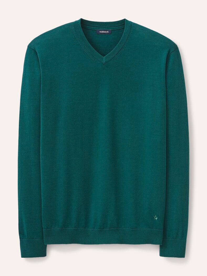 V-Pullover Merino Extrafein Blaugrün