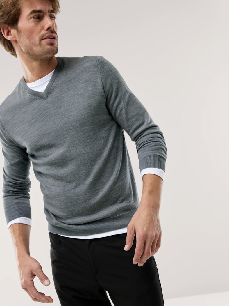 V-Pullover Merino Extrafein Grau Melange