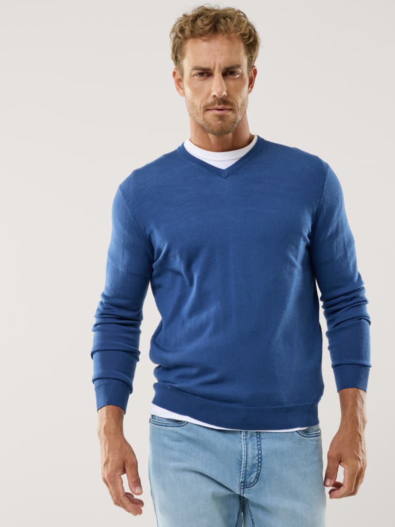 V-Pullover Merino Extrafein Königsblau