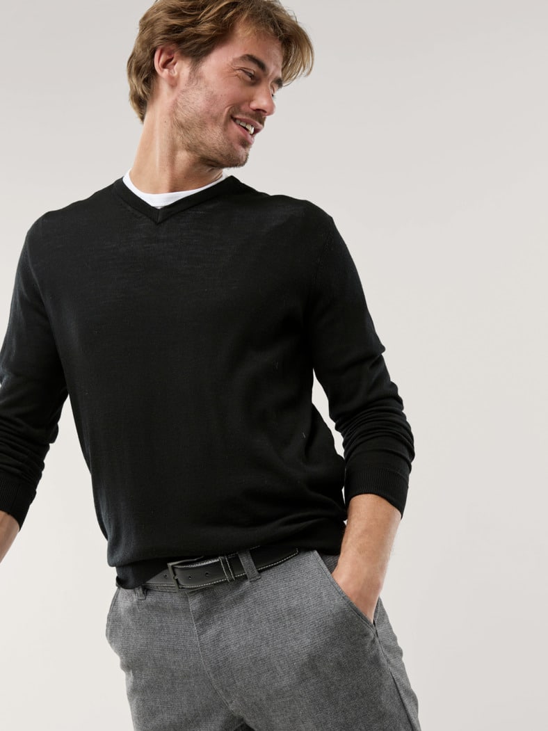 V-Pullover Merino Extrafein Schwarz
