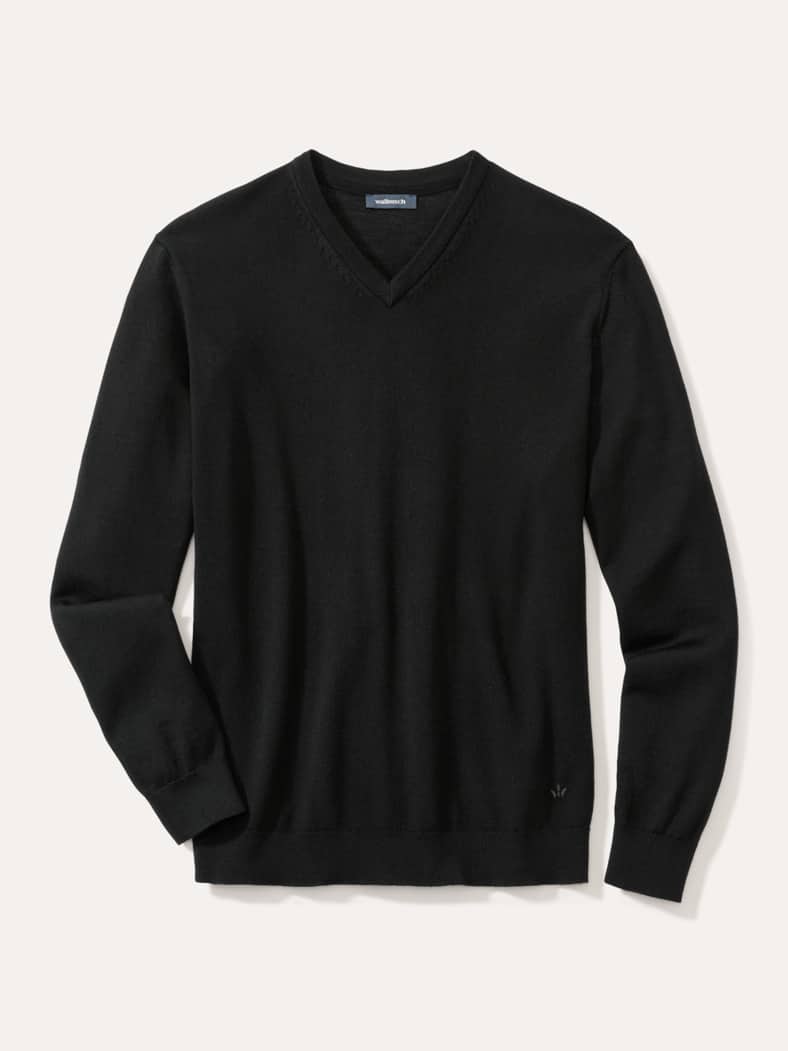 V-Pullover Merino Extrafein Schwarz