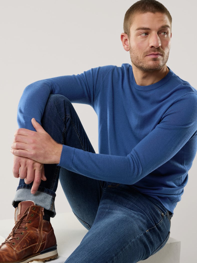 Rundhals-Pullover Merino Extrafein Königsblau