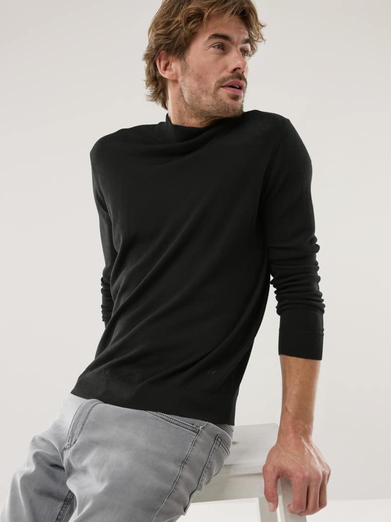 Stehbund-Pullover Merino Extrafein Schwarz