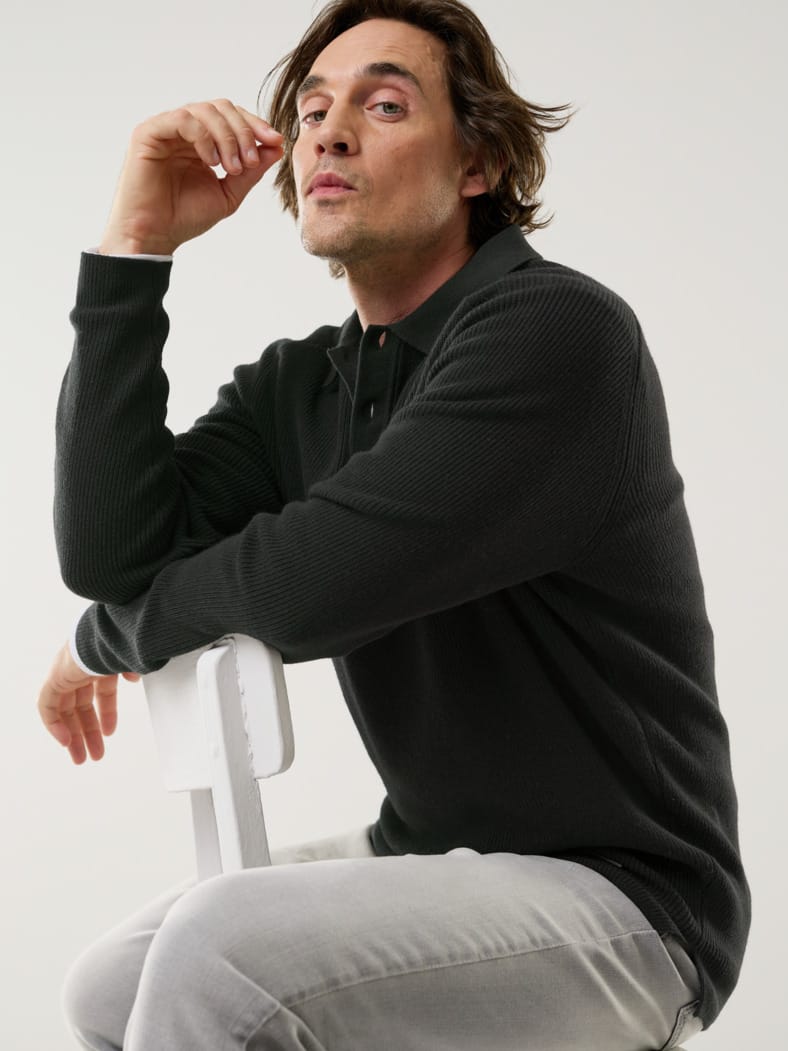 Patentstrick-Polopullover Schwarz