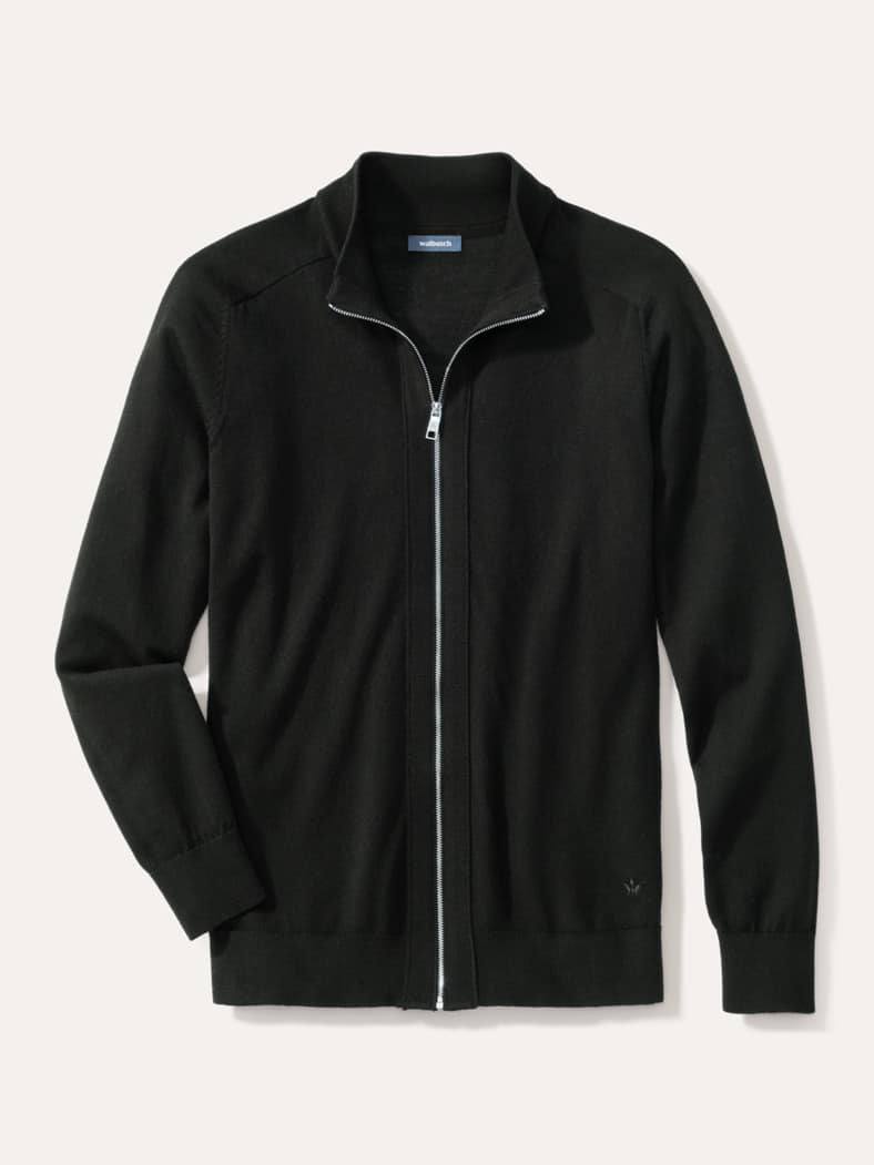 Zip-Strickjacke Merino Extrafein Schwarz