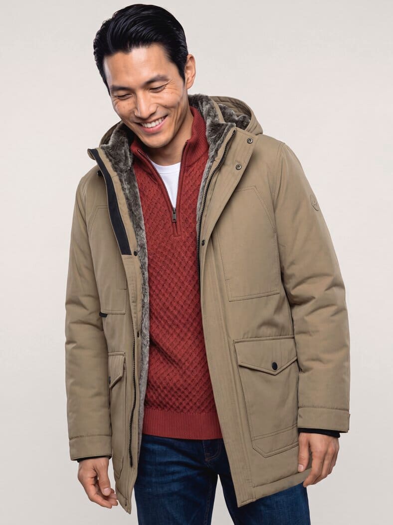 Warme Langjacke mit Kunstfell Beige