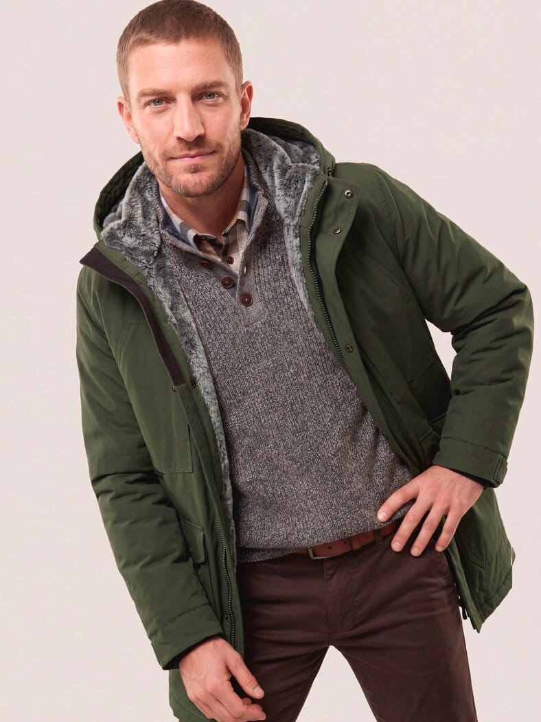 Warme Langjacke mit Kunstfell Oliv