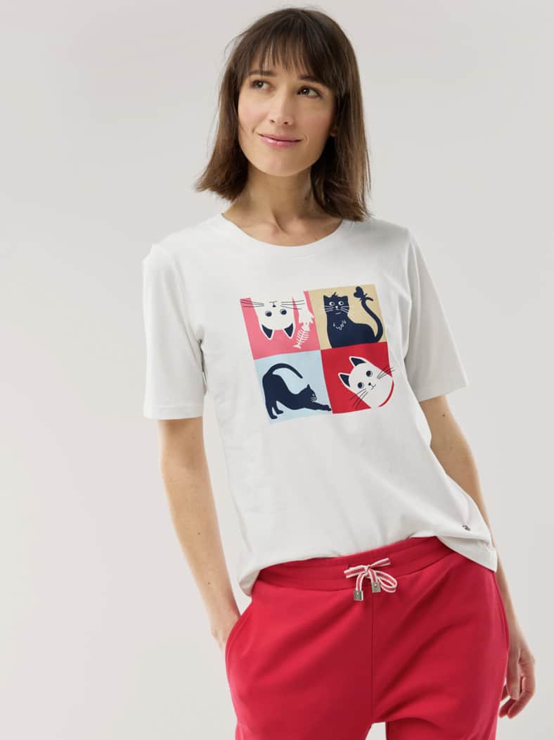 Baumwollshirt Katzen Weiß Multicolor