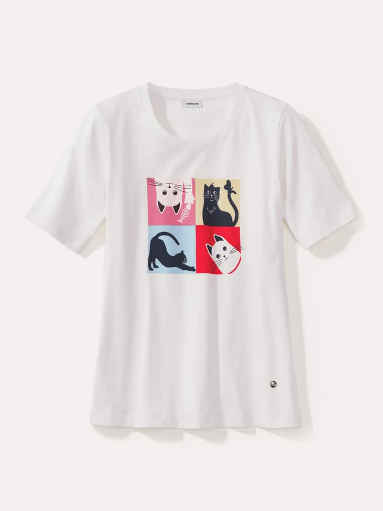 Baumwollshirt Katzen Weiß Multicolor