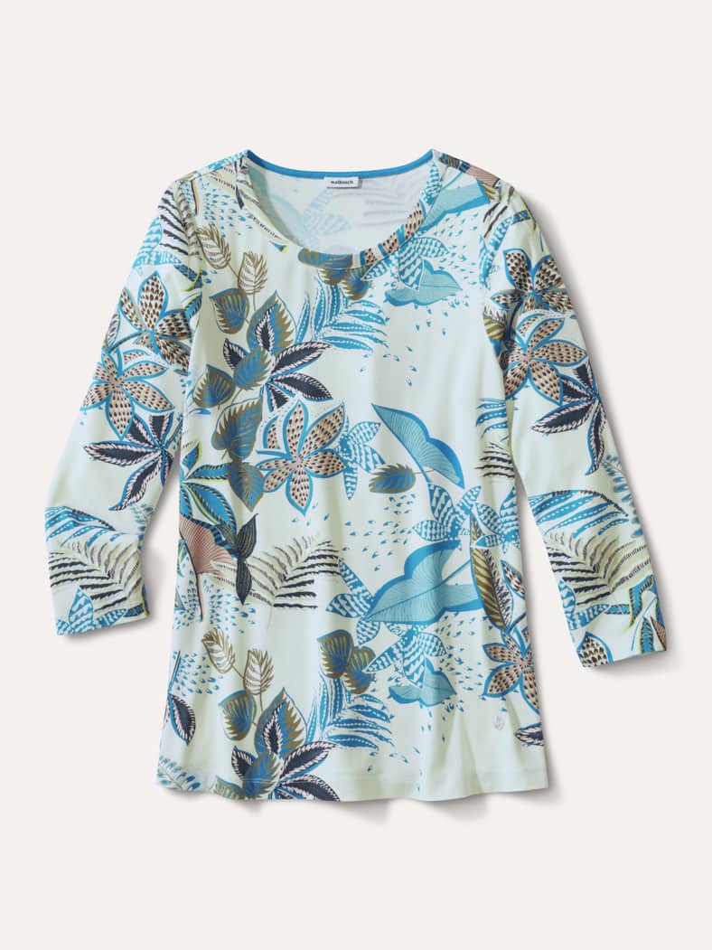 Viskoseshirt blue leaves Offwhite/Blau