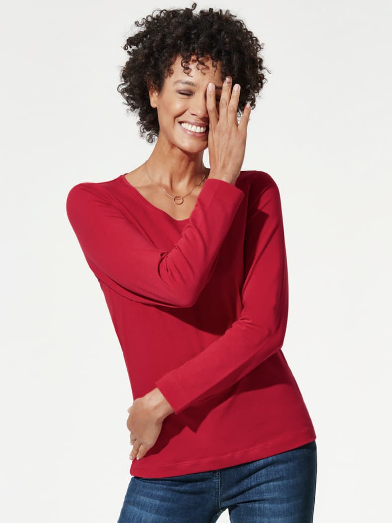 Baumwoll-Basic-Shirt Langarm Feuerrot
