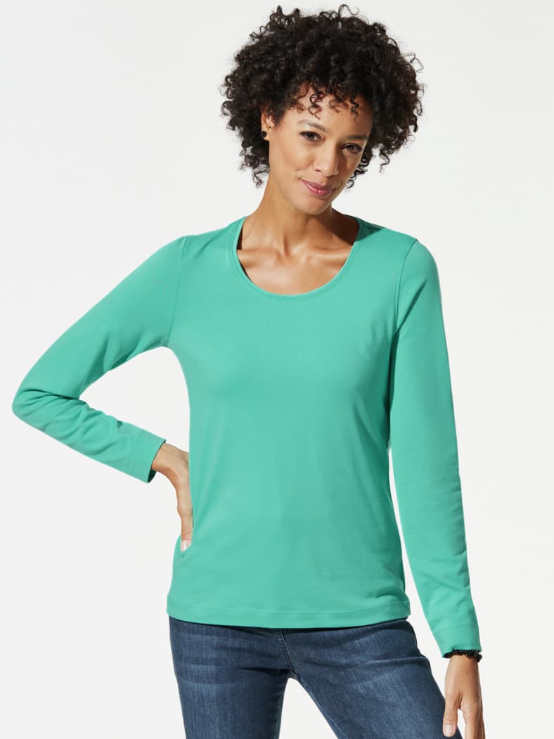 Baumwoll-Basic-Shirt Langarm Seegrün