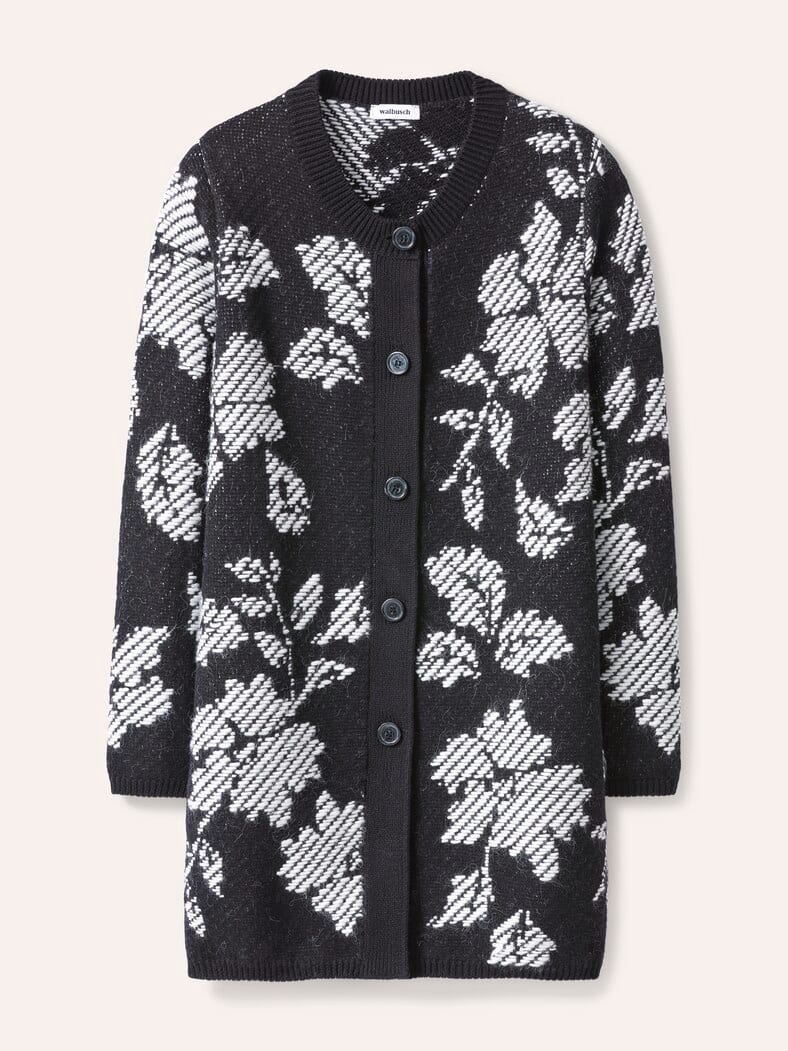 Jacquard Strickjacke mit Blütenmotiv Schwarz/Weiß