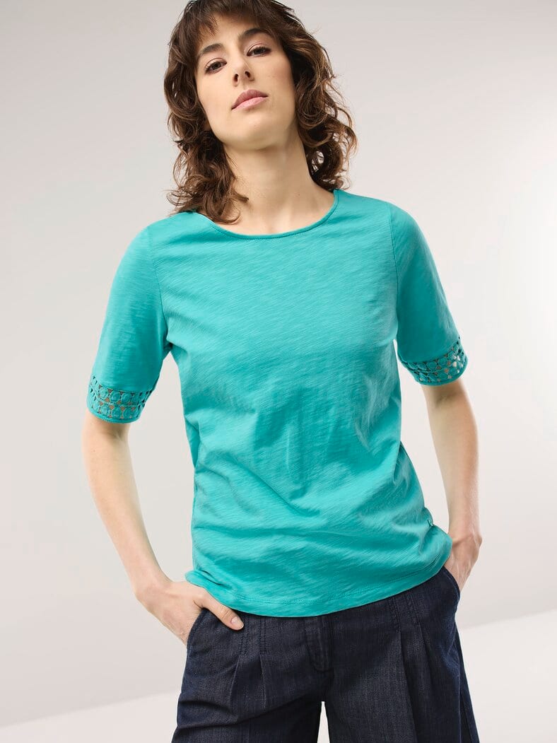 Baumwollshirt Dekospitze Wasserblau