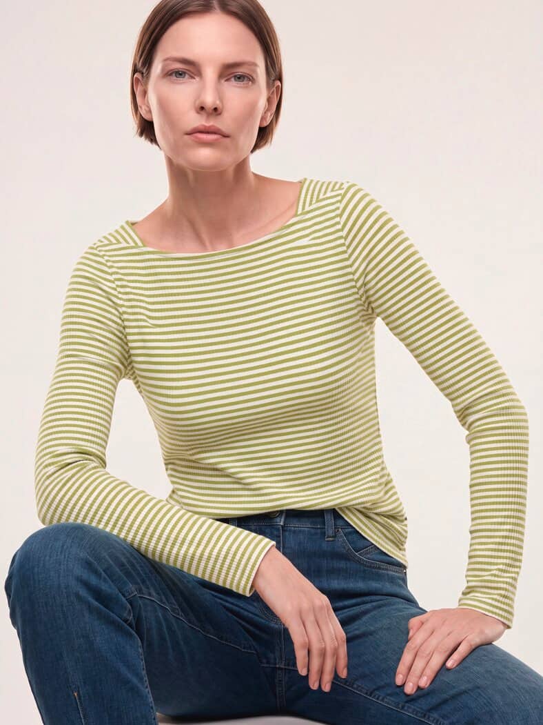 Baumwollshirt Ripp Ringel Weiß/Erbsengrün