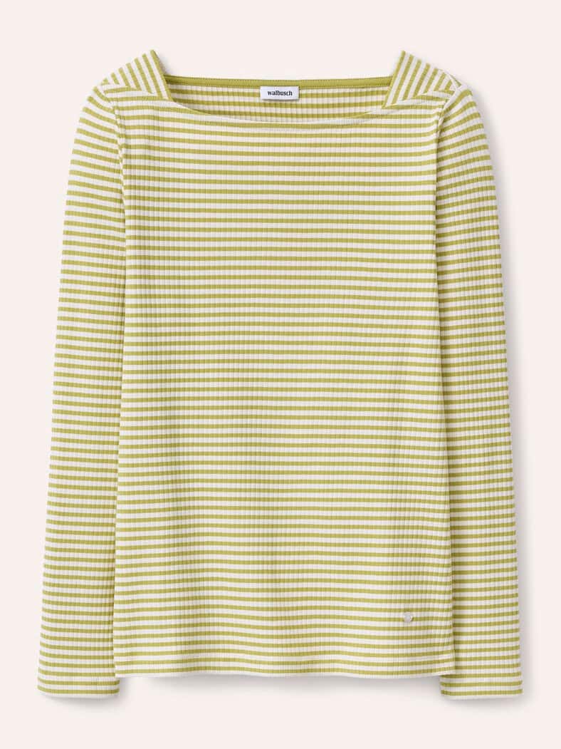 Baumwollshirt Ripp Ringel Weiß/Erbsengrün