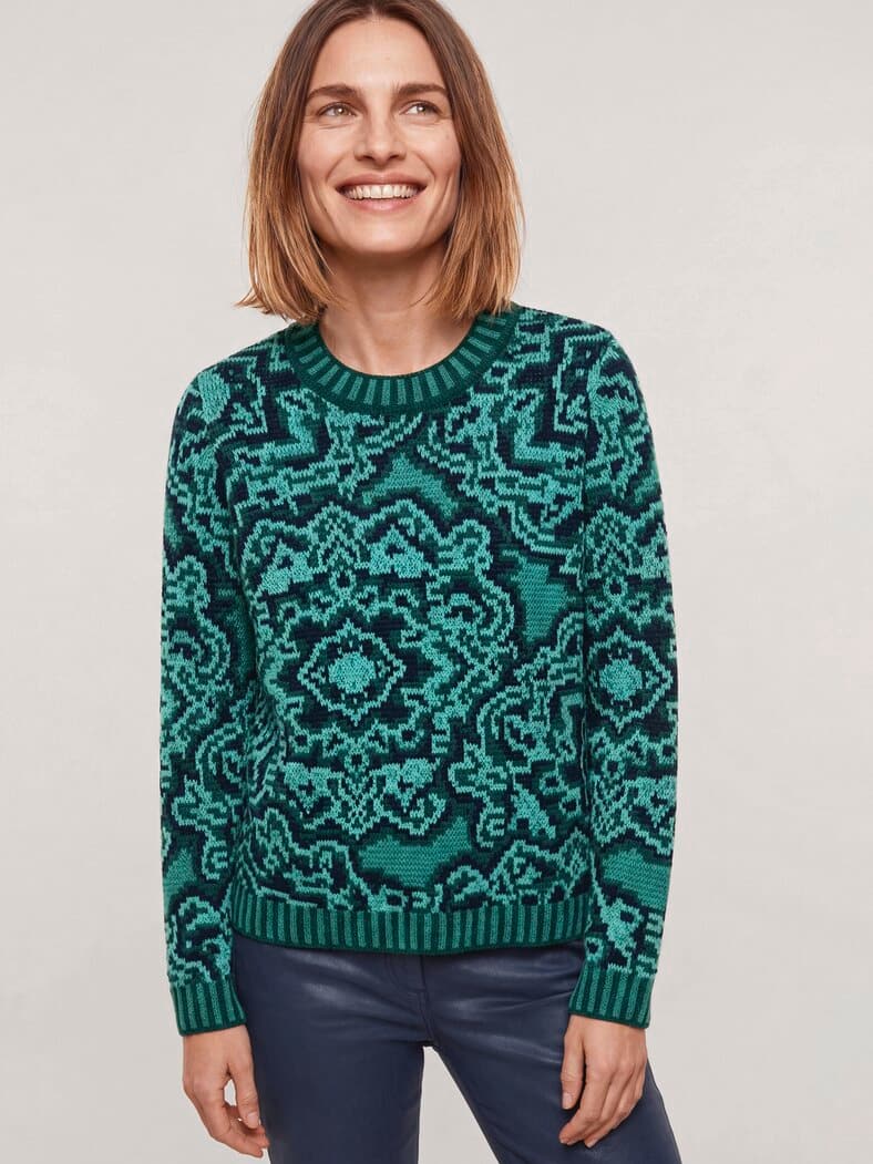 Edler Jacquard Pullover Merinomisch Dunkelpetrol