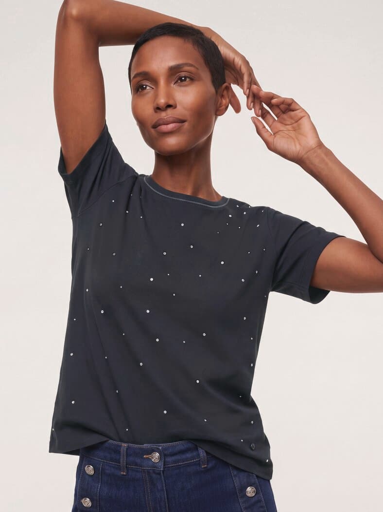 Baumwollshirt mit Glitzersteinen Schwarz
