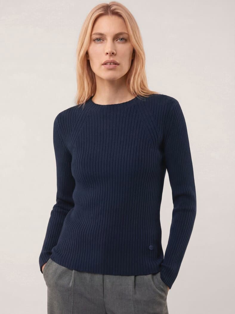 Baumwollmix Pullover in Rippenstrick Optik Nachtblau