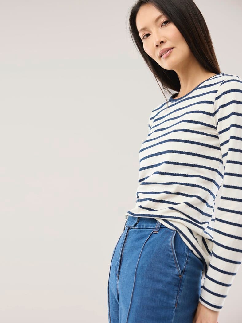 Baumwollshirt Ringelstruktur Offwhite/Nachtblau