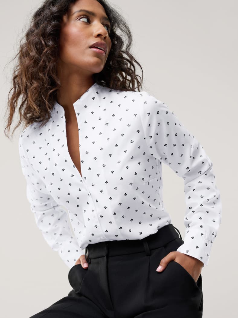 Extraglatt-Bluse Kelchkragen Minimal Weiß Marine