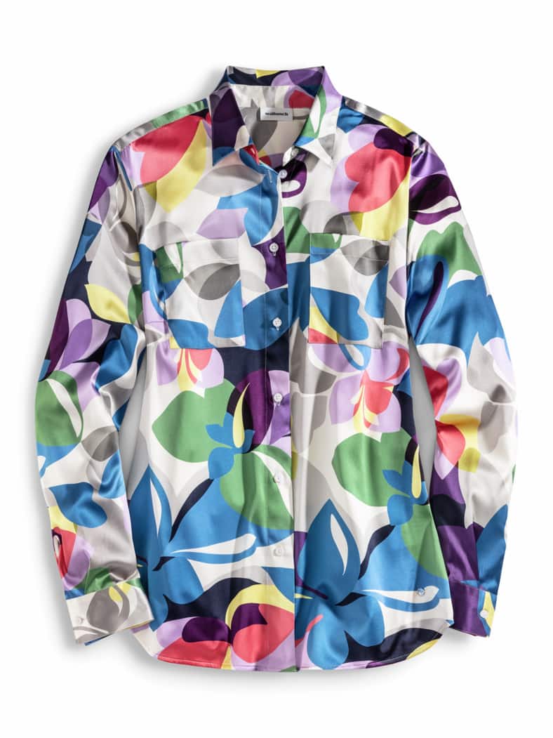 Seiden-Hemdbluse Edel-Basic Blau Gemustert