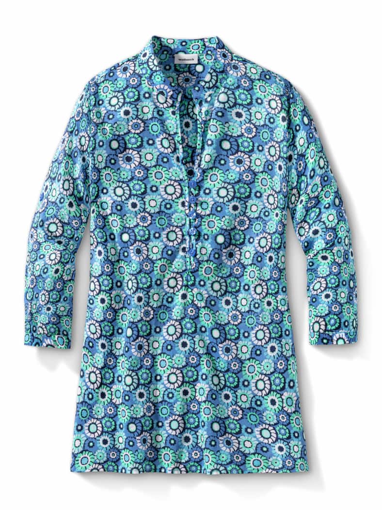 Baumwoll Tunika Stehkragen Millefleurs Königsblau