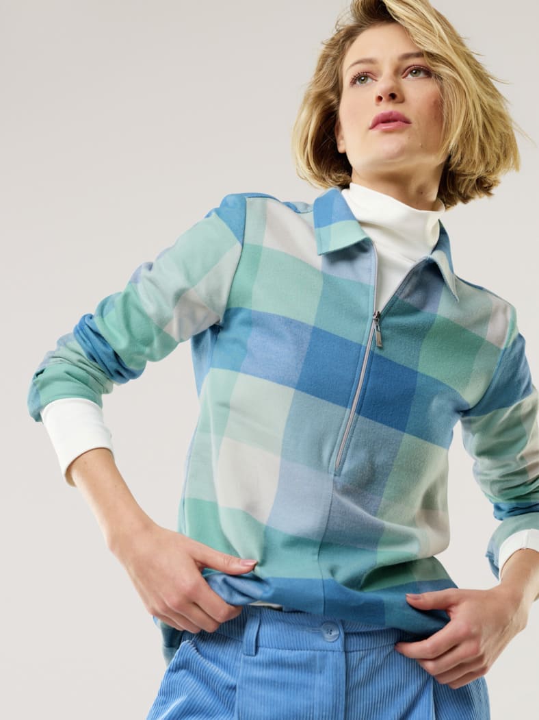 Kuschelflanell Zip-Bluse Karo Gletschergrün