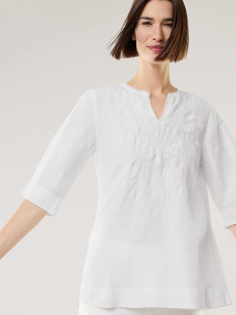 Tunika Leinenmix mit Stickerei Weiß