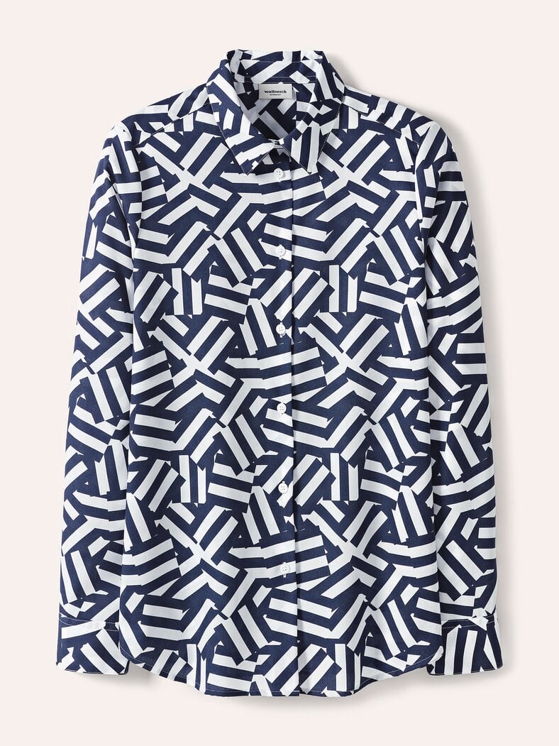 Extraglatt Baumwoll-Bluse Grafik Marine