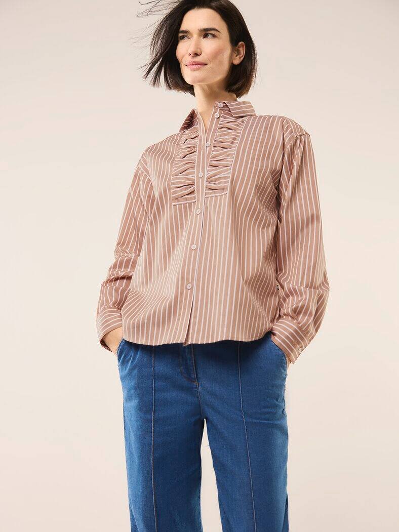 Hemdbluse mit Falteneinsatz Streifen Praline