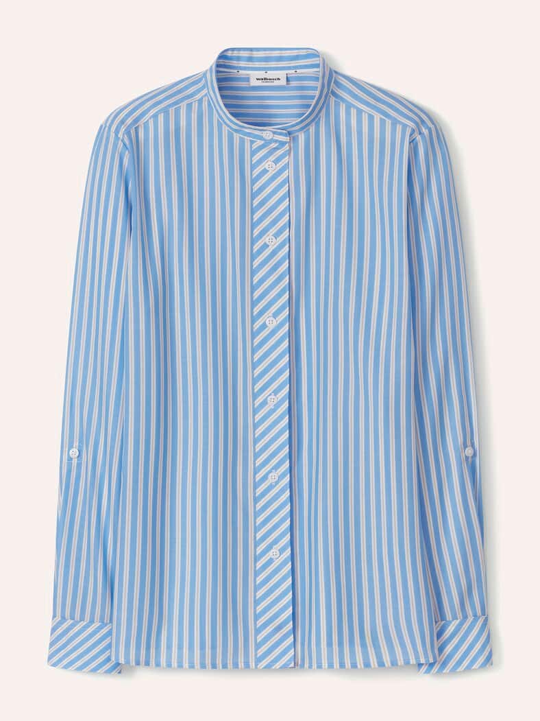 Extraglatt Stehkragen Bluse Meerblau gestreift