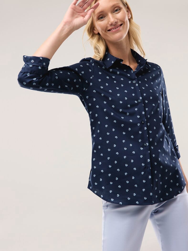 Extraglatt-Hemdbluse Everyday 2.0 Blumendruck Marine
