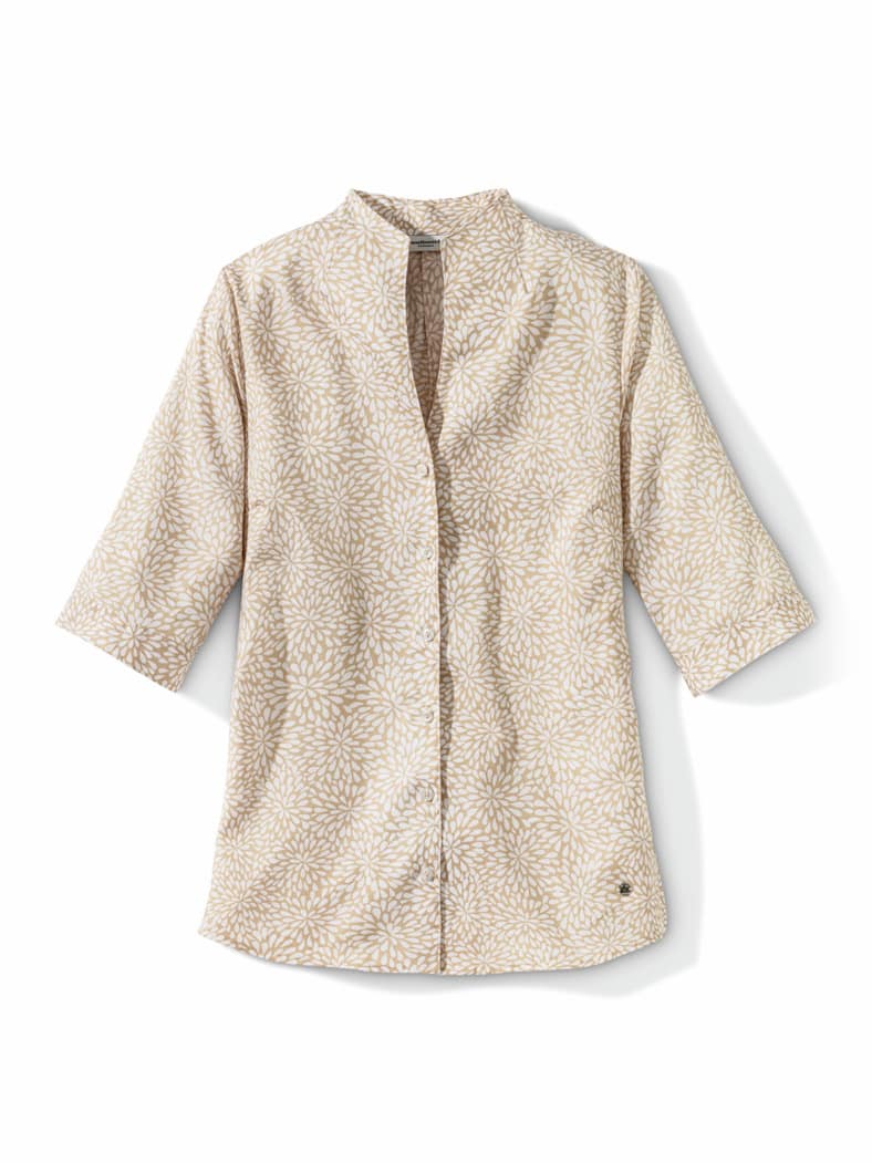 Extraglatt-Bluse Kelchkragen Minimal Safaribeige